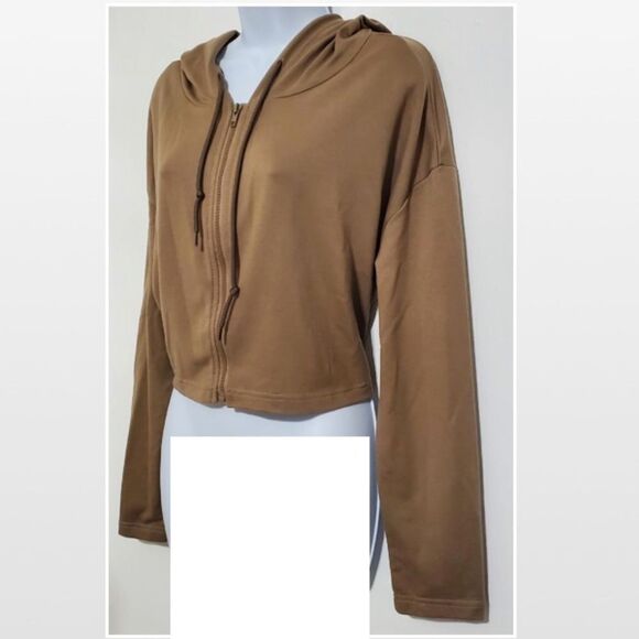 Large Tan Cropped Long Sleeve Hoodie Zip Up Top - Picture 4 of 11